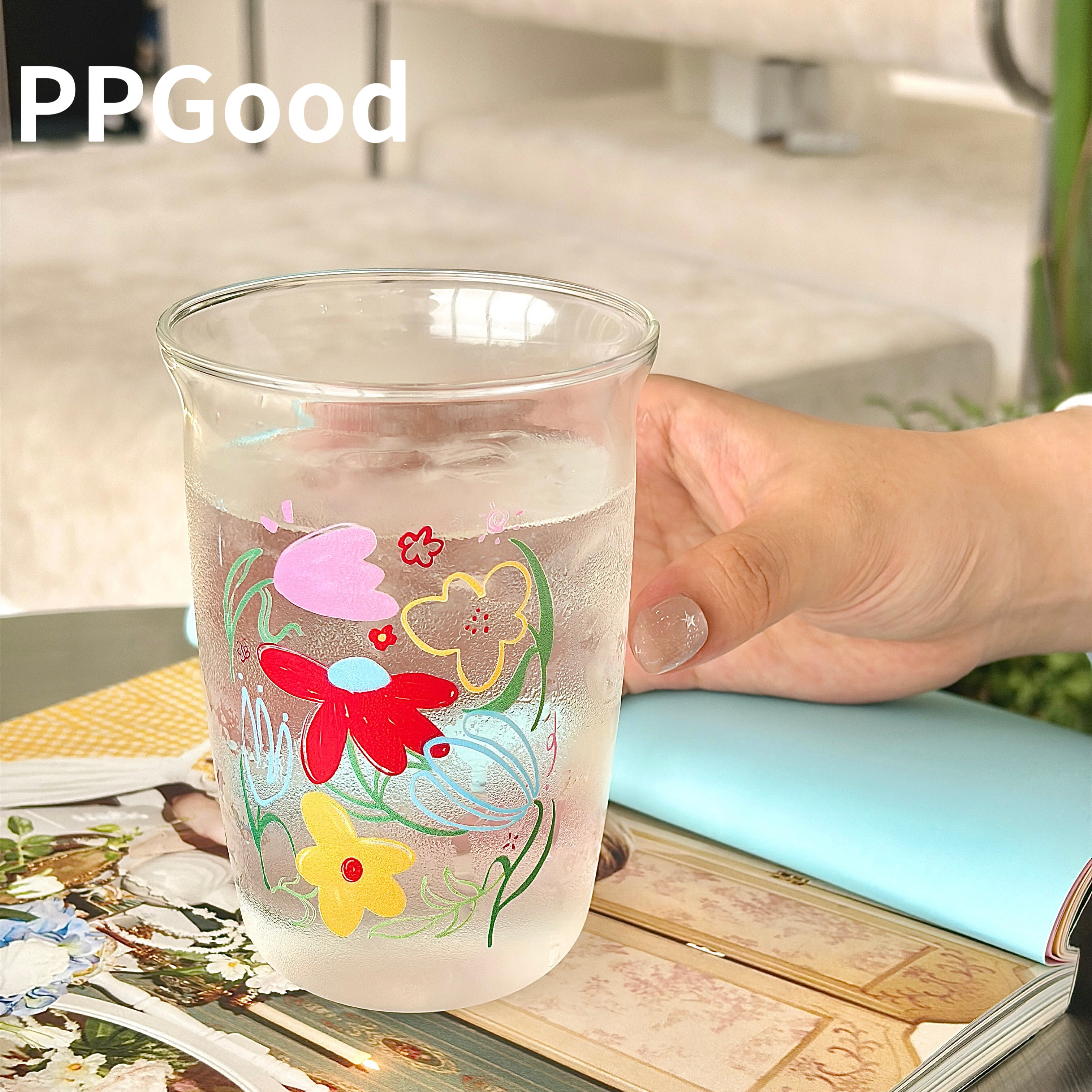 PPGood手绘花朵ins风玻璃杯