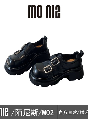 MONIZ陌尼斯英伦风厚底皮带扣乐福鞋女2026黑色百搭增高休闲单鞋