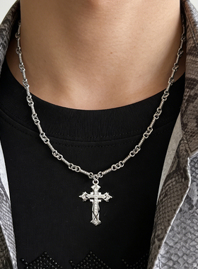 欧美纽棍镶钻十字架吊坠项链男生小众设计百搭配饰钛钢高级感潮牌