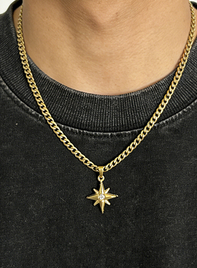 美式金色十字星芒古巴项链男生小众高级感设计钛钢轻奢配饰潮牌