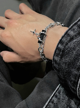 星芒双层缠绕黑宝石手链男生小众设计钛钢高级感潮牌ins情侣配饰