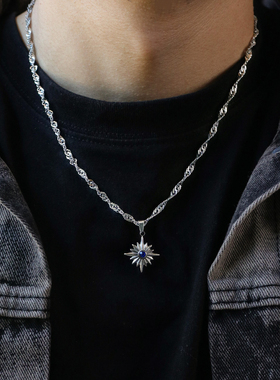 欧美波浪链黑蓝星芒吊坠钛钢项链男嘻哈小众设计不掉色高级感潮牌