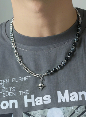 原创爆裂纹串珠拼接暗夜黑星芒项链男生小众设计高级感百搭ins潮