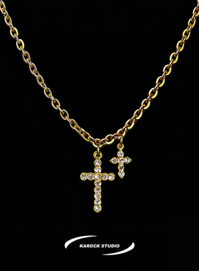 美式金色双子镶钻十字架吊坠男生项链轻奢高级感街头嘻哈钛钢潮牌