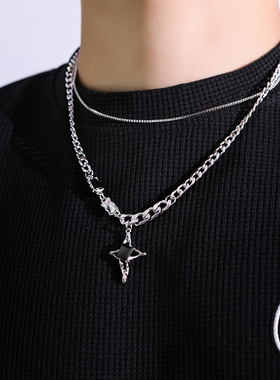 项链男十字架星芒镶钻叠戴嘻哈钛钢潮牌ins小众设计感女毛衣链酷