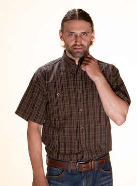 COUNTRY BAR美式复古男人休闲衬衫短袖休闲橄榄绿色格子格纹衬衣