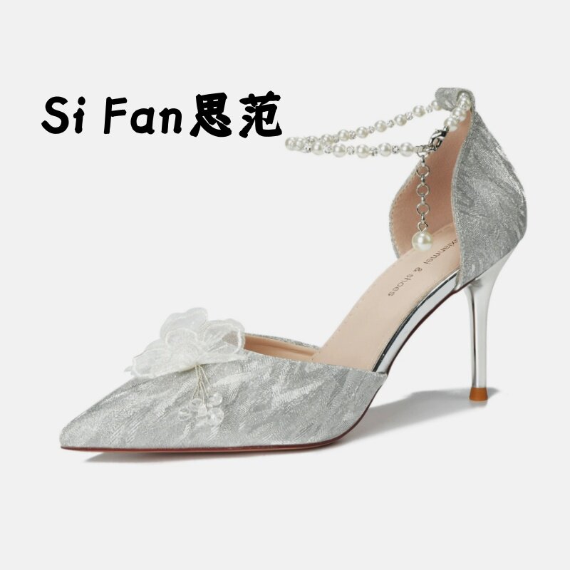 Si Fan思范珍珠蝴蝶结高跟鞋女18岁年礼细跟高级感不累脚婚纱婚鞋