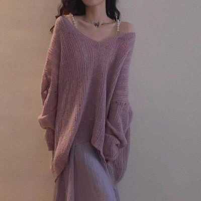 宽松镂空复古漏肩新款毛衣V领