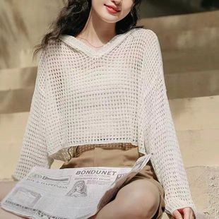 女夏季 连帽长袖 防晒针织衫 2025新款 高级感上衣 T恤女外搭薄款 罩衫