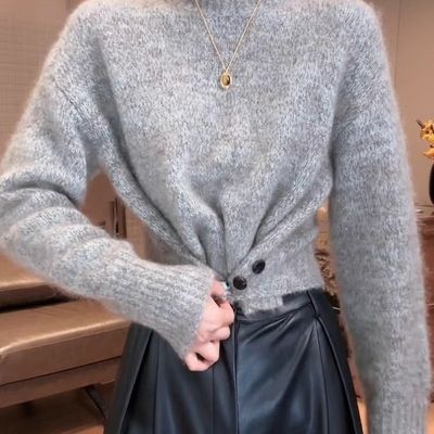 圆领短款针织衫冬季粉色软糯毛衣