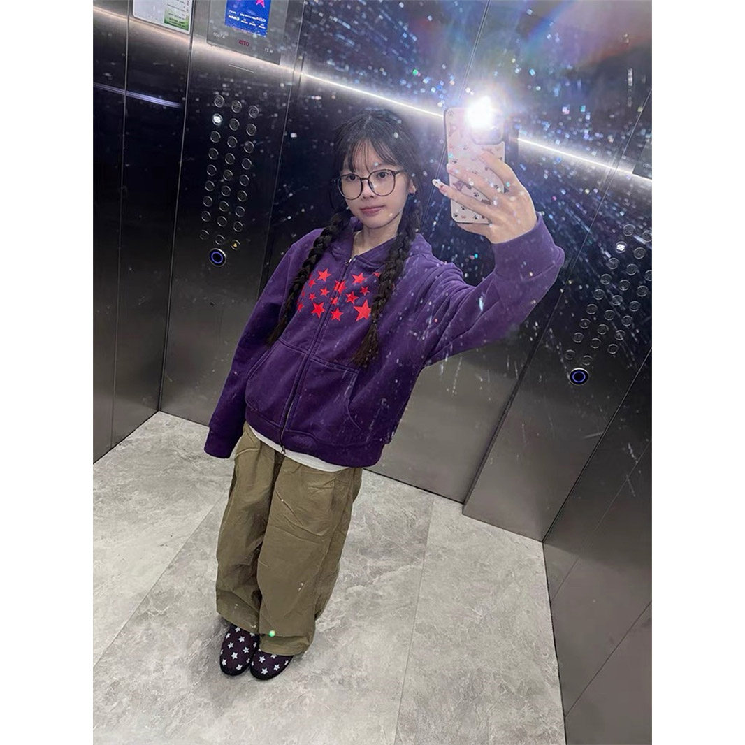 纯棉美式复古紫色星星连帽卫衣女秋冬加绒高级感开衫外套宽松上衣,女装/女士精品,卫衣/绒衫,淘宝优惠券,粉丝福利购,淘宝优惠卷