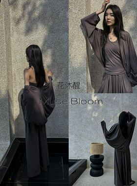 花沐醒2026新款复古修身挂脖背心开衫宽松阔腿裤三件套套装88866