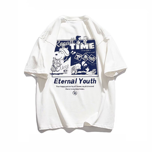 休闲宽松上衣男 ins夏季 重磅纯棉日系卡通史努比印花短袖 t恤情侣装