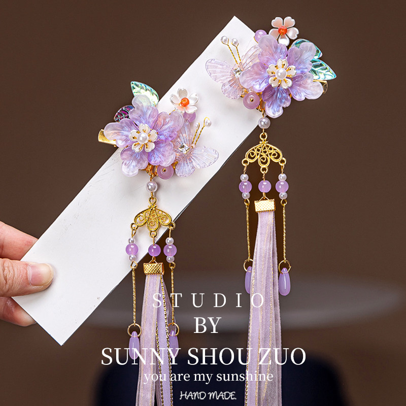 古风紫色花朵飘带汉服配饰超仙流苏蝴蝶发饰女童新年红色喜庆发夹,童装/婴儿装/亲子装,发饰,淘宝优惠券,粉丝福利购,淘宝优惠卷