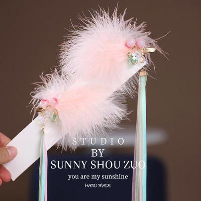 新款儿童汉服头饰古风羽毛发夹