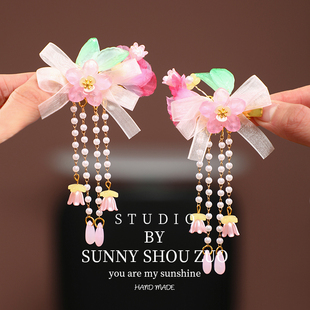 女孩汉服头饰古风发夹儿童旗袍配饰发卡中国风超仙花朵对夹发饰