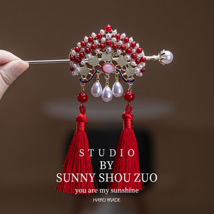 儿童新中式古风凤冠发簪女珍珠流苏手工DIY材料包红色宫廷风头饰