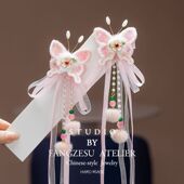 新年头饰女童蝴蝶结流苏发卡古风汉服宝宝粉色可爱中国风儿童发夹