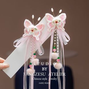 新年头饰女童蝴蝶结流苏发卡古风汉服宝宝粉色可爱中国风儿童发夹