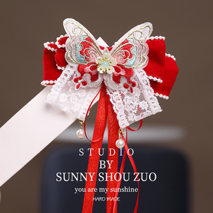 儿童发夹蝴蝶结头饰女童红色后脑勺发卡女孩新年过年夹子飘带发饰