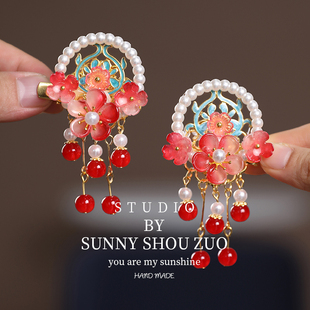 新款 花朵飘带发饰中国风红色喜庆女宝宝对夹 汉服流苏发夹儿童古装