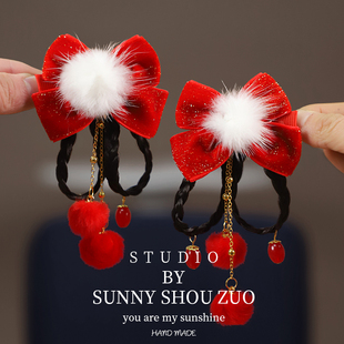 女童古风汉服发夹2026过年喜庆假发辫子对夹新年宝宝红色流苏发饰