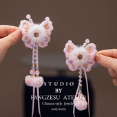 2026新款 儿童过年头饰拜年喜庆可爱红色蝴蝶结长流苏毛绒发夹卡子