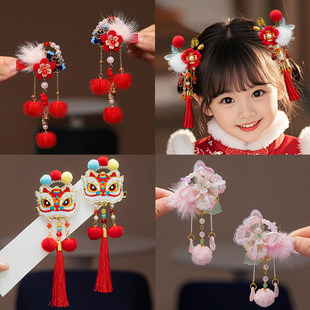 女童古风汉服头饰儿童粉色毛球兔耳对夹宝宝新年红色发夹拜年发饰