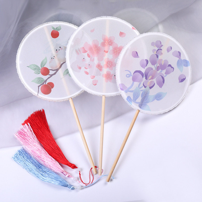 儿童团扇古风扇子汉服配饰手持扇刺绣长柄小号圆扇古典舞国风道具