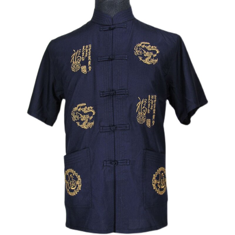 LOSS CLEARANCE AND CABINET WITHDRAWAL SUMMER EMBROIDERY DRAGON BLESSING PATTERN SHORT SLEEVE TANG MENS SHIRT MIDDLE-AGED AND ELDERLY PRACTICE CLOTHES SHIRTS