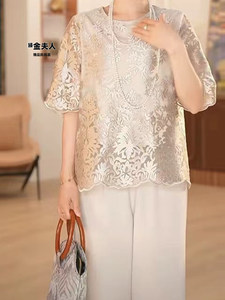 2024新款轻奢气质妈妈装水溶蕾丝短袖洋气小香风中年时尚两件套装