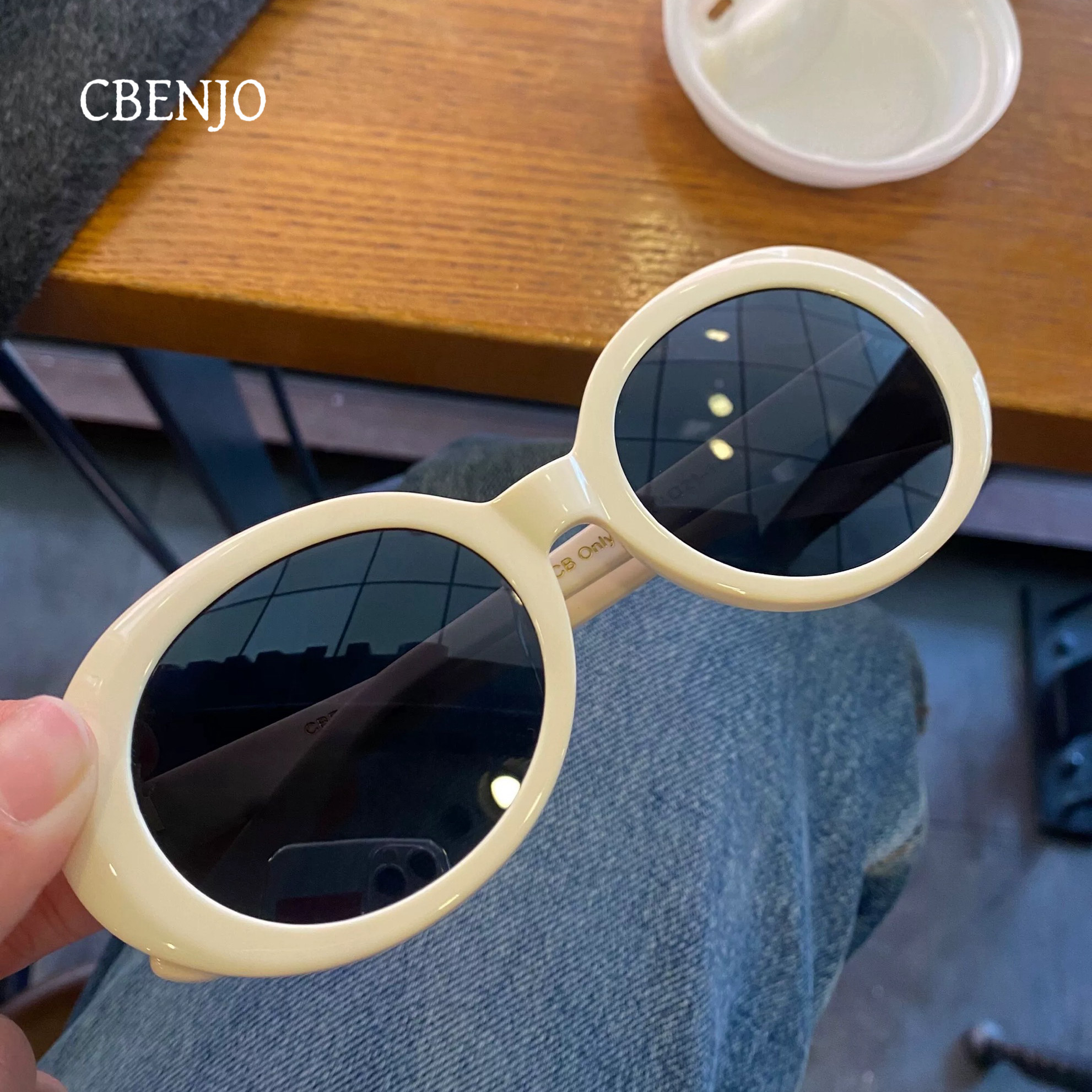 CBENJO/明星同款板材椭圆形白框墨镜  复古辣妹风质感太阳镜