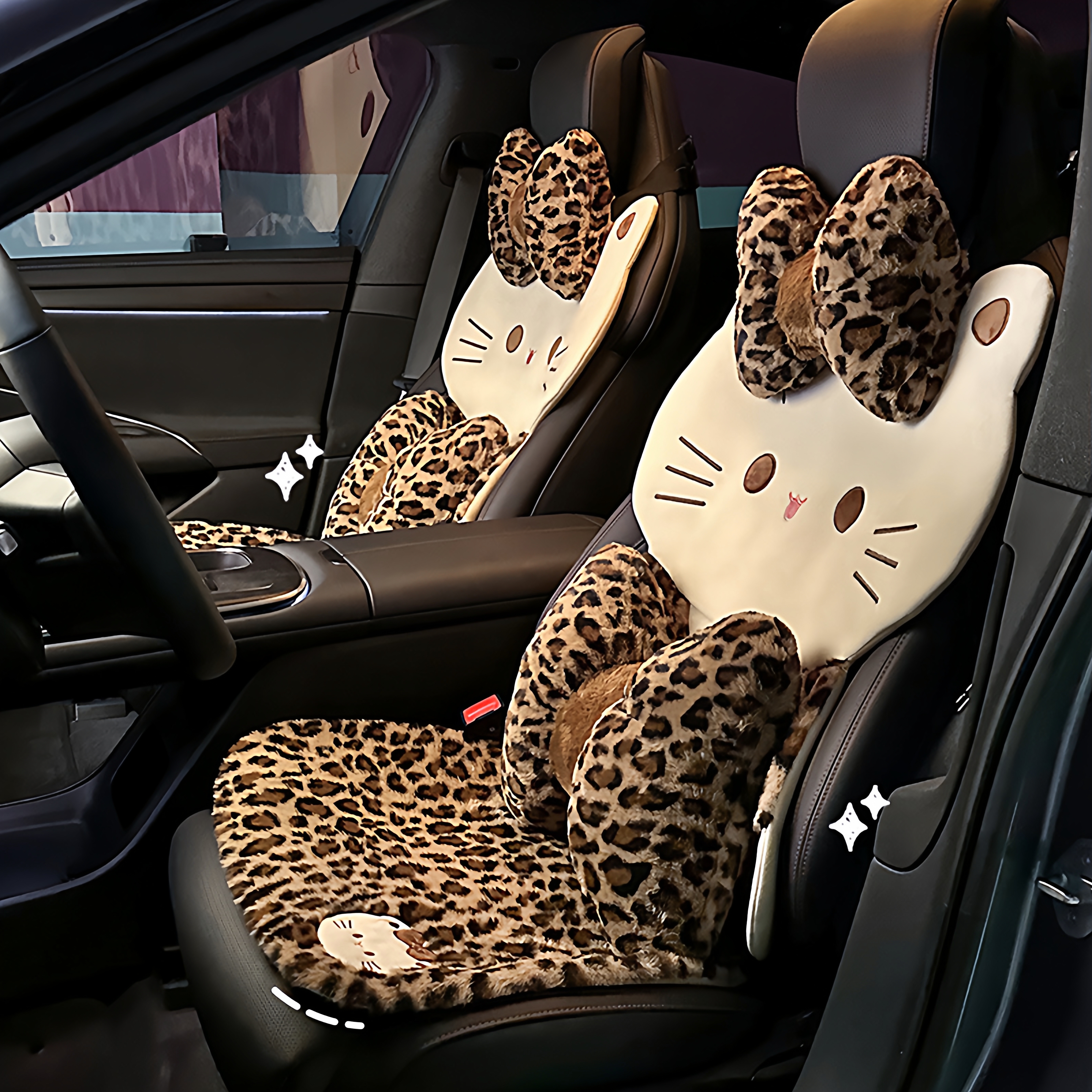 汽车坐垫冬季毛绒豹纹座椅座女生网红可爱猫头冬天保暖三件套