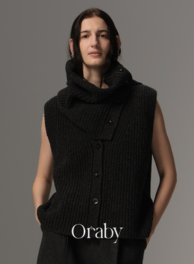 Oraby ·100%全羊毛两件套高领围脖针织上衣冬季打底无袖背心毛衣