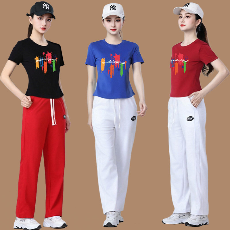 广场舞红色夏季新款演出服套装女