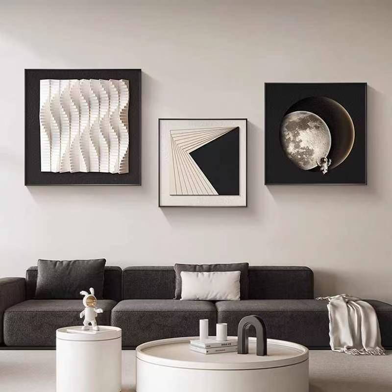 简约现代餐厅饭厅装饰画抽象月球客厅沙发背景墙挂画高级黑白壁画