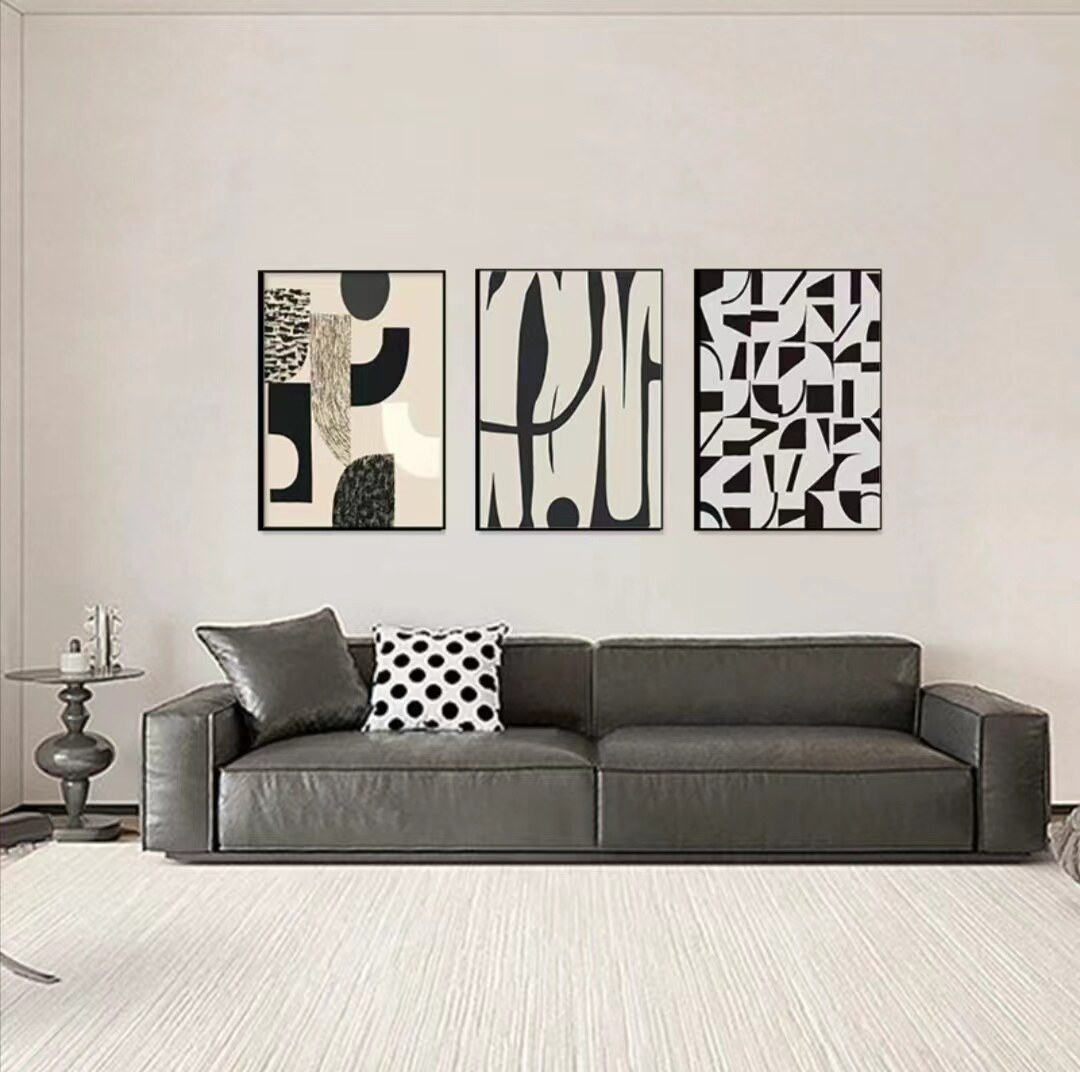 客厅装饰画沙发背景墙黑白灰挂画三联现代简约轻奢侘寂风高级感