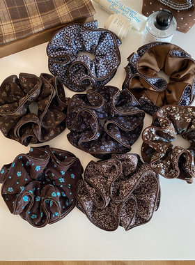 Busan复古咖蓝色碎花四层大肠发圈时尚高级感马尾头绳丸子头发绳