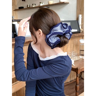 Busan韩系复古藏青色格子四层大肠发圈高级感气质扎头发头绳头花