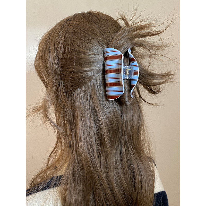 韩系ins小众蓝棕条纹亚克力中号抓夹复古气质盘发半扎鲨鱼夹发夹