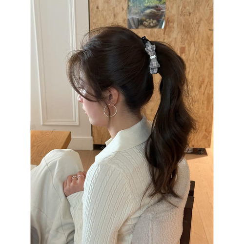 Busan中古小香蝴蝶结格纹香蕉夹高级感少女高马尾竖夹马尾夹新款