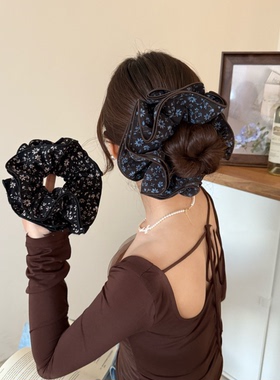 Busan时尚复古咖色蓝碎花四层大肠发圈秋冬高级温柔头绳发绳头花
