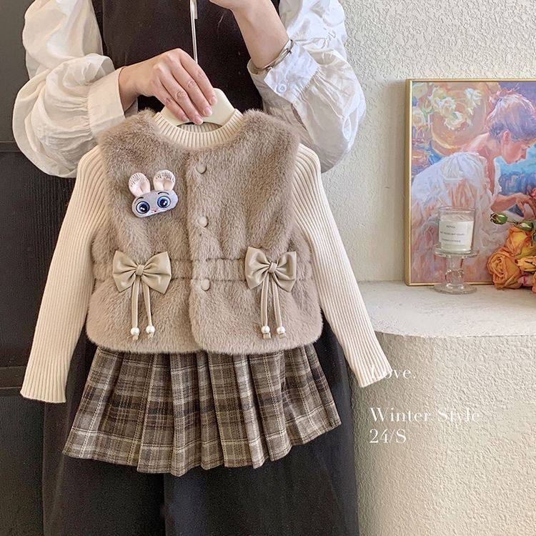 童装女童冬季毛毛马甲套装加绒裙子宝宝针织毛线衣三件套半身裙潮