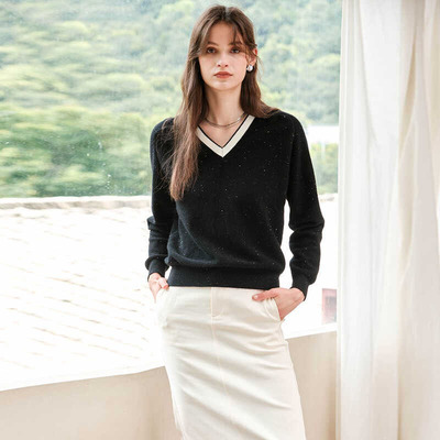 设计感早秋黑色小众针织衫v领