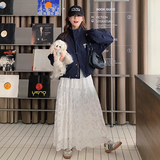藏青色美式工装外套上衣套装裙女春季新款设计感蕾丝半身裙两件套，女装短外套，婷丫丫