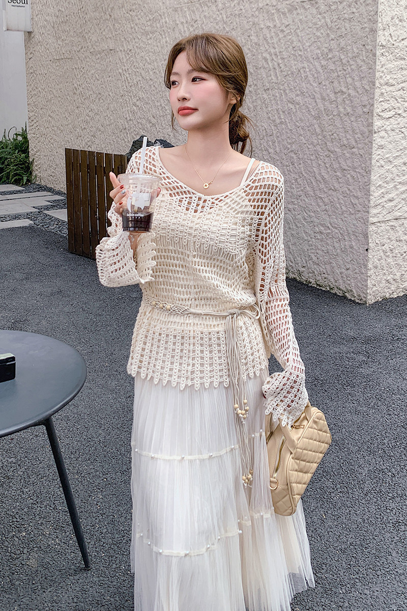 叠穿镂空罩衫半身裙套装两件套女2025春季新款超好看蕾丝纱裙套装,女装短外套,婷丫丫