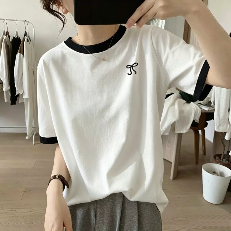 撞色纯棉短袖T恤女简约时尚百搭宽松显瘦胖mm减龄上衣休闲夏季