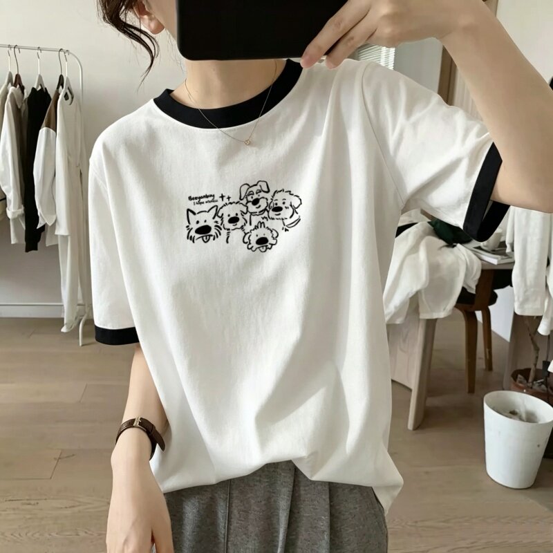 美式复古撞色纯棉短袖t恤女夏季新款宽松圆领上衣服潮大码