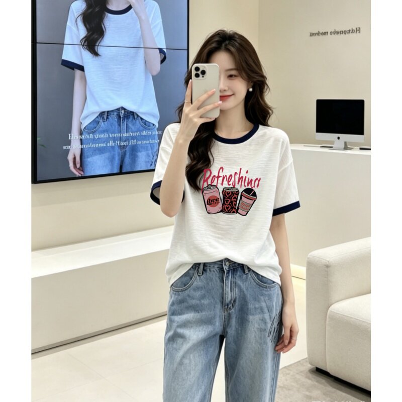 竹节棉短袖T恤女夏季新款美式复古遮肚子宽松显瘦上衣潮打底衫