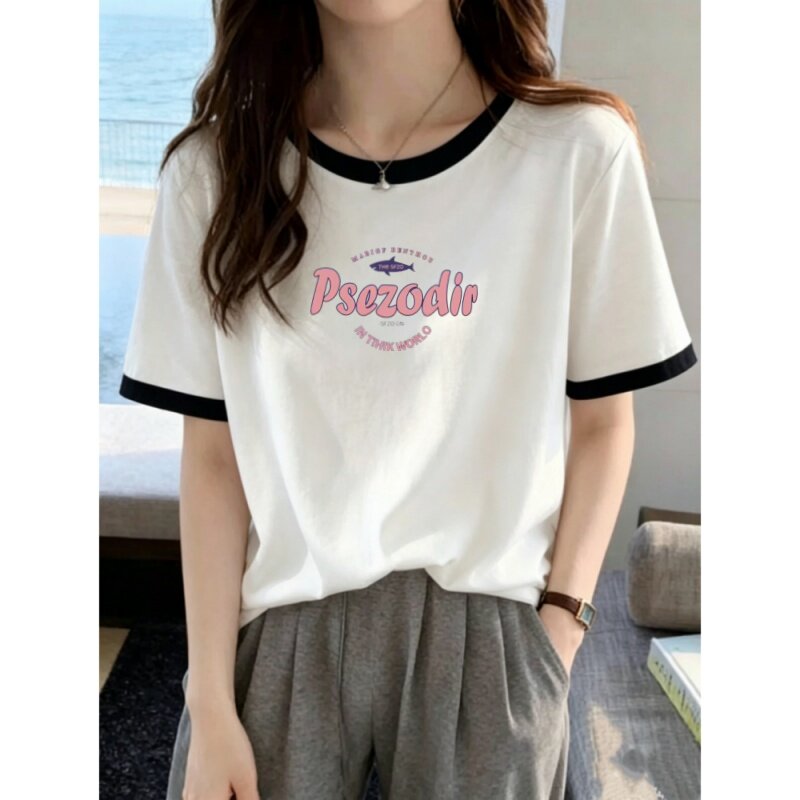 韩系休闲纯棉短袖t恤女装夏装新款圆领撞色宽松显瘦上衣减龄印花